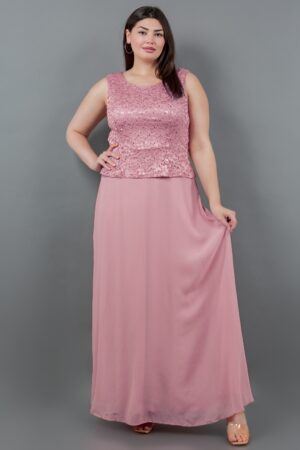 Vestido largo rosa con chaqueta de encaje de tres cuartos y falda fluida de dos piezas