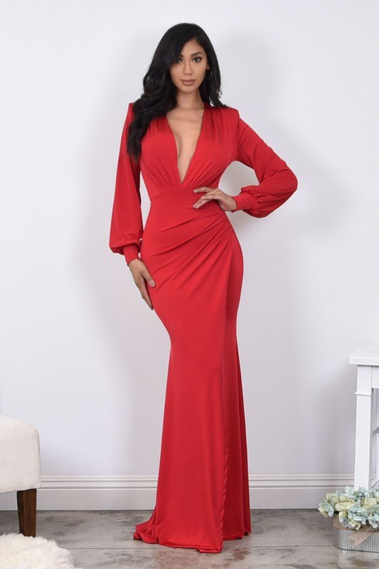 vestido largo rojo con mangas elegante para fiesta